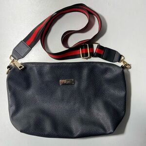 BCBG Paris Leather Crossbody Bag Black with Removable Red & Black Stripe Strap